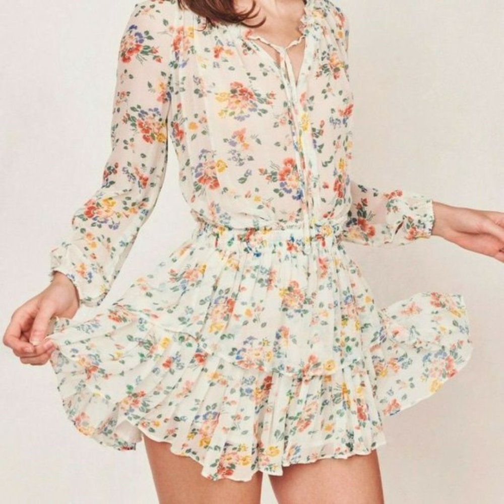 LoveShackFancy Floral Popover Silk Dress multicolor M